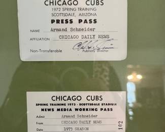 Collection of early 1970s framed Chicago Cubs press passes, Chicago Daily News