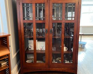 Lovely, antique mission display cabinet with leaded glass doors