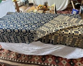 19th century American open weave coverlet in blue and white