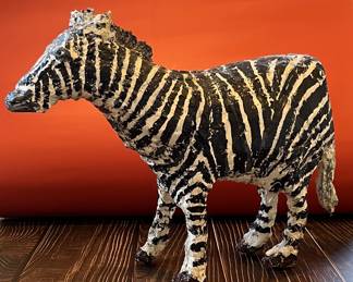Folk art, outsider art zebra sculpture by Stuart Novy, wood, plaster and tempura