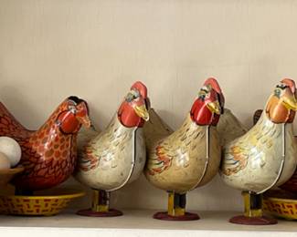 Vintage and antique tin lithographed laying hen toys by Wyandotte Toys