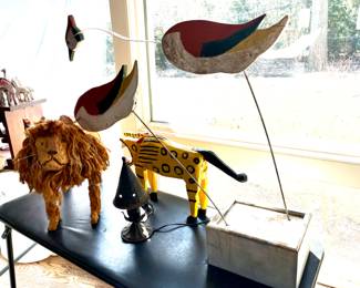 Sandhill Cranes, Lion, folk art sculpture by Stuart Novy, wood, metal and paint