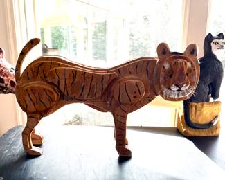 Tiger, hand carved wooden folk art sculpture, Stuart Novy