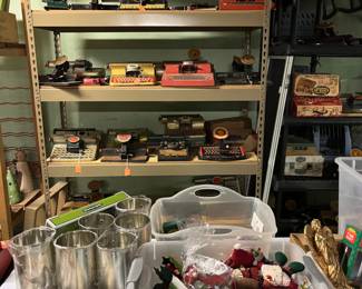 Loads of basement stuff—tools, art supplies, vintage Christmas, holiday decor, vintage tin toys, paper goods, filing cabinets, etc