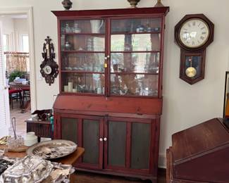 antique painted china cabinet, secretary with original glass and paint, great primitive piece of American furniture