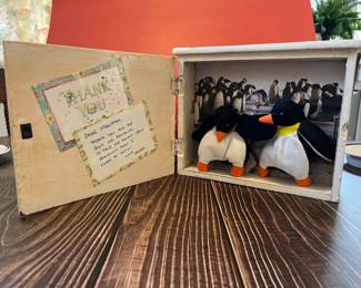 Folk art, outsider art penguin shadow box sculpture by Stuart Novy, found objects, wood and tempura