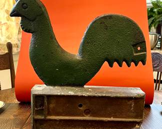 Antique 19th century cast iron windmill counter weight in the shape of a chicken, marked Hummer by Elgin Weights