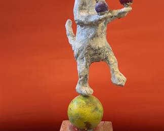 Juggling Circus Dog, folk art sculpture, wood, plater and metal