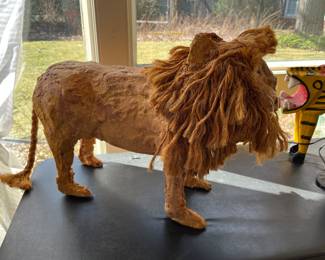 Lion, folk art sculpture by Stuart Novy, wood, plaster, rope and paint