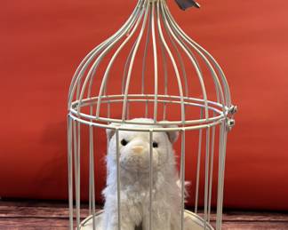 Whoa! The canary caught the cat! Vintage and antique bird cages with a toy cat and bird. Very whimsical, all creations of Stuart Novy