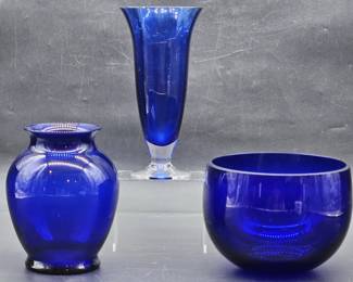 3- Blown Cobalt Glass: 2- Vases & 1- Bowl