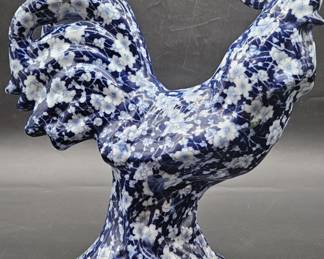 Blue & White Floral Chintz Rooster Figurine