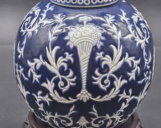 Blue & White Ginger Jar w/ Lid on Wooden Stand