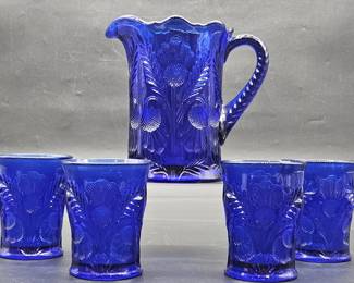 5- Inverted Thistle Cobalt Blue Pitcher Set