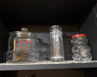 Lance Cookie Jar, vintage Barber’s jar, various glass jars.