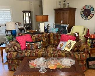 9.  Sofa, Pine coffee table,  pressed glass, 