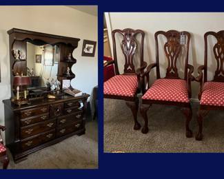 46. 9 Drawer Dresser and 4 Chippendale Style Chairs
