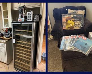 79. Wine Refrigerator, Chair, Ottoman with Life & Post Magazines.