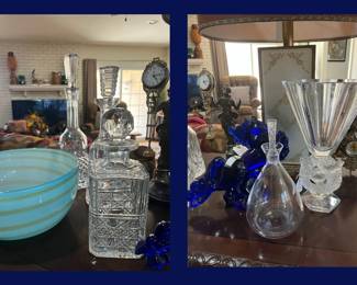 122.  Blown Glass Bowl, Waterford Decanter, Lalique Vase and Decanter