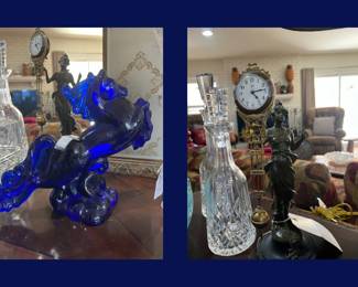 121.  Cobalt Horse American Made,  Crystal Decanters & Art Nouveau Bronze Clock