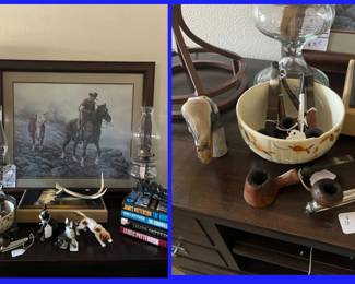 17.  DeHann Western Print, Oil Lamps, Man's Jewelry box, dog figurines