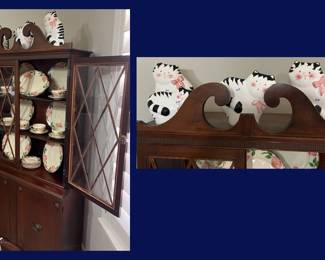 84. 1940s Mahogany China Cabinet w/Franciscan Desert Rose and Pottery Cats