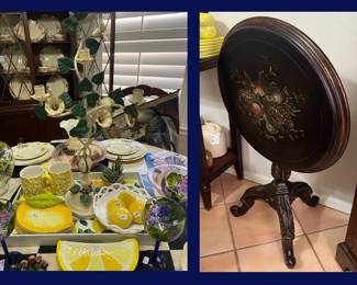 83. Italian Metal Candelabra & Tilt Top Table with Painted Fruit