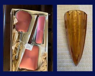 110.  1930s English Dresser Set, Amber Antique Car Vase