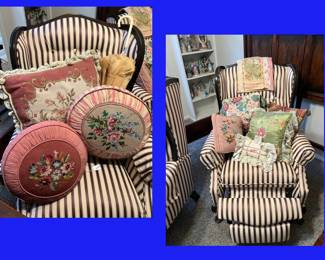 20.  Needlepoint & Embroidery Silk Pillows in Queen Anne Style Recliners