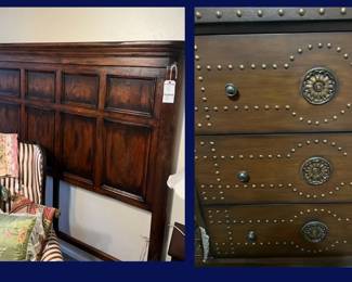 81.  Oak Bed Frame Queen Size and Details of Studded Three Drawer Chest