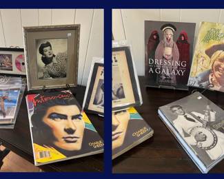 124.  Rosalind Russel signed photo, Interview Magazines,  "Dressing A Galaxy" book, Signed John Denver Album & Steven Martin Auction  Book