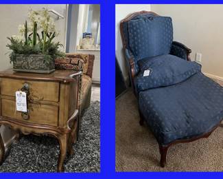 24.  Painted Nightstand and Bergere style Chair & Ottoman