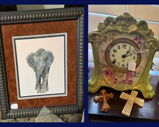 77.  Signed JK Original on "Wood Pink Elephant" and Victorian Mantel Clock with Crosses.