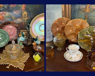 117.  Magolica Plates, Pottery Birds, Elegant Depression Glass and Oyster Plates