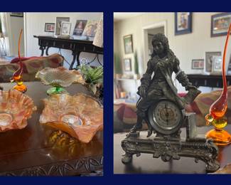 120.  Carnival Glass, Antique Clock and Viking Glass Bird