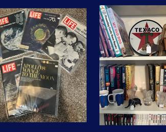 76.  Life Magazines: Adventures to the Moon and Texaco Sign, Texas Centennial souvenir Oxen Pulling Wagon 1836-1936, Gobel