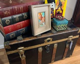 14.  Broadway theatre Poster book, stacked book box, original painting and Antique Trunk.