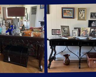 123.  Carved Sofa Table and Theodore Alexander Table with signed Autograph collection