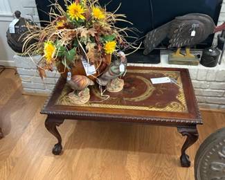 13.  Hand carved Mahogany table, pair of Andrea Porcelain Turkeys.