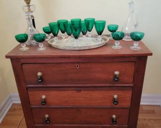 Antique Chest and Morgantown Old English Stiegel Green Stemware