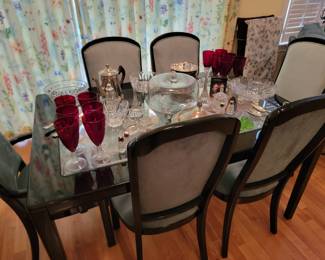 Black Lacquer and Glass Dining Table with 6 Chairs