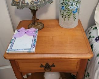 Night Stand and Antique Slag Glass Lamp
