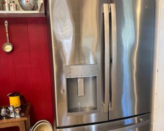 GE Refrigerator, old churns coffee cart