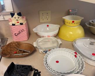 50s McCoy Cookie Jar, vintage Pink Gooseberry Pyrex , Snowflake Pyrex , Mushroom Pyrex! 