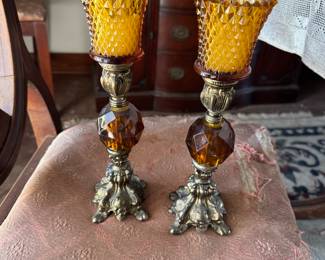 Pair of vintage Hollywood Regency ornate amber lucite glass votive candle holders.  