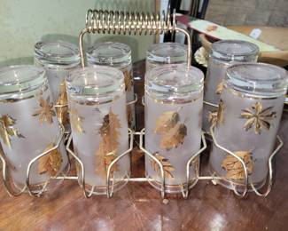 Vintage gold leaf glass set in stand