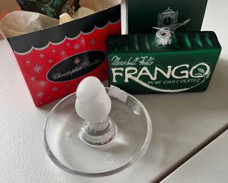 Marshall Field clock Radko ornament & Frango mints ornaments + Lalique owl dish