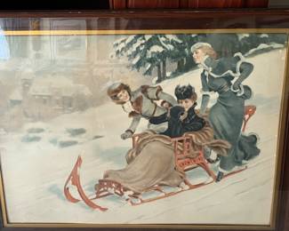 vintage winter / Christmas sledding print