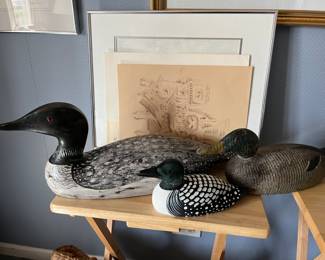 vintage wood loon and mallard decoys