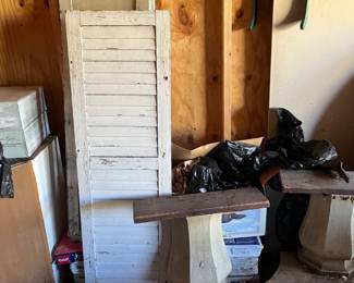 vintage wood shutters and the pedestal bases for an antique round table